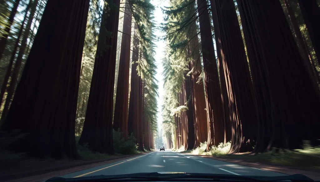 Car driving through the Avenue of the Giants with massive redwoods towering on both sides Car driving through the Avenue of the Giants with massive redwoods towering on both sides