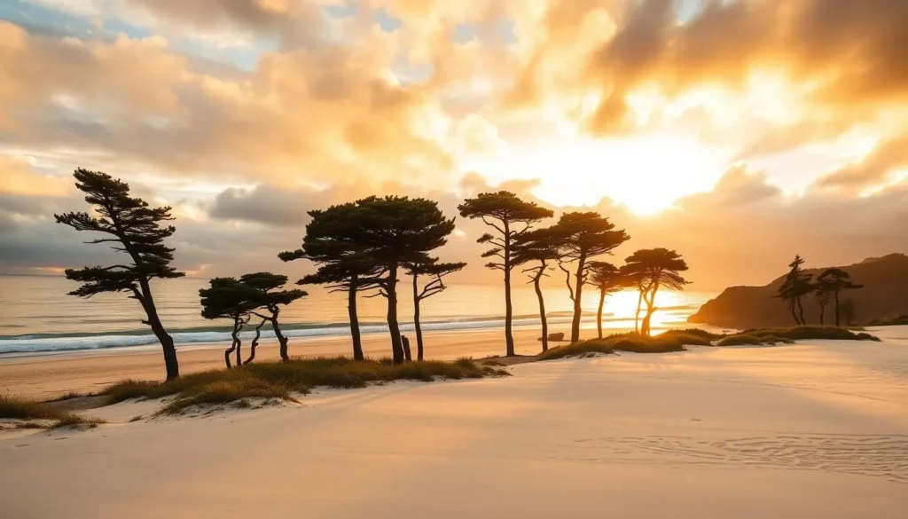 Carmel Beach at sunset with white sand and cypress trees