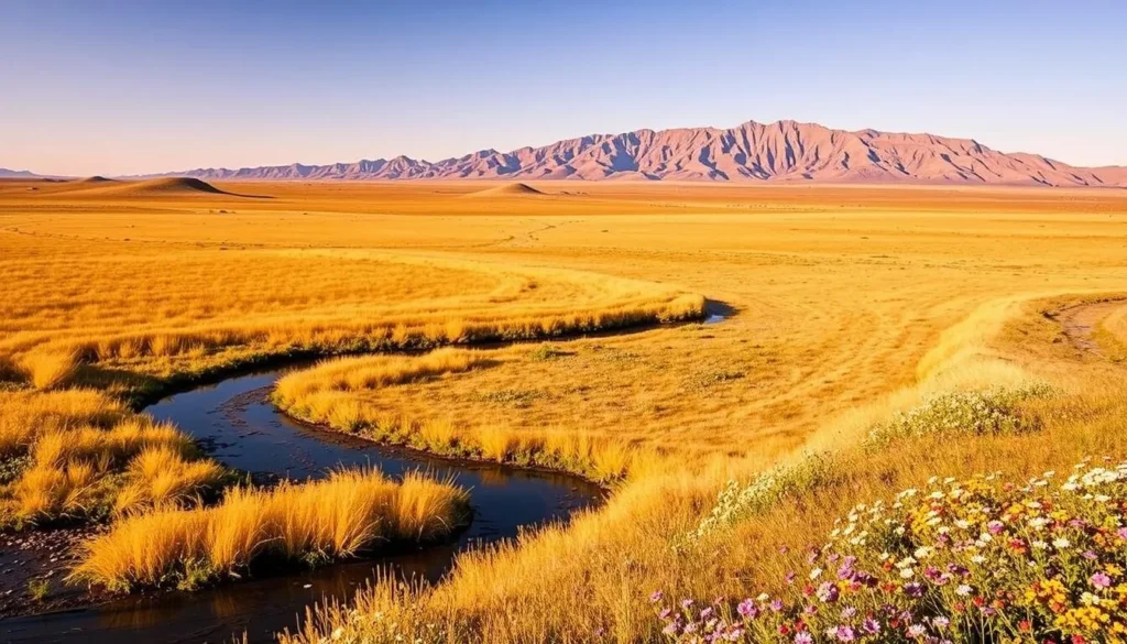 Carrizo Plain National Monument landscape, a vast expanse of rolling golden grasslands framed by the rugged peaks of the La Panza Range. Capture the scene in warm, vibrant tones under a bright, cloudless sky. In the foreground, a meandering stream reflects the surrounding hills and distant mountains. The middle ground features a mosaic of wildflowers, their petals swaying gently in the breeze. Towards the horizon, the La Panza Range rises majestically, its craggy silhouette casting long shadows across the plain. Employ a wide-angle lens to convey the scale and grandeur of this stunning natural wonder, evoking a sense of awe and tranquility.