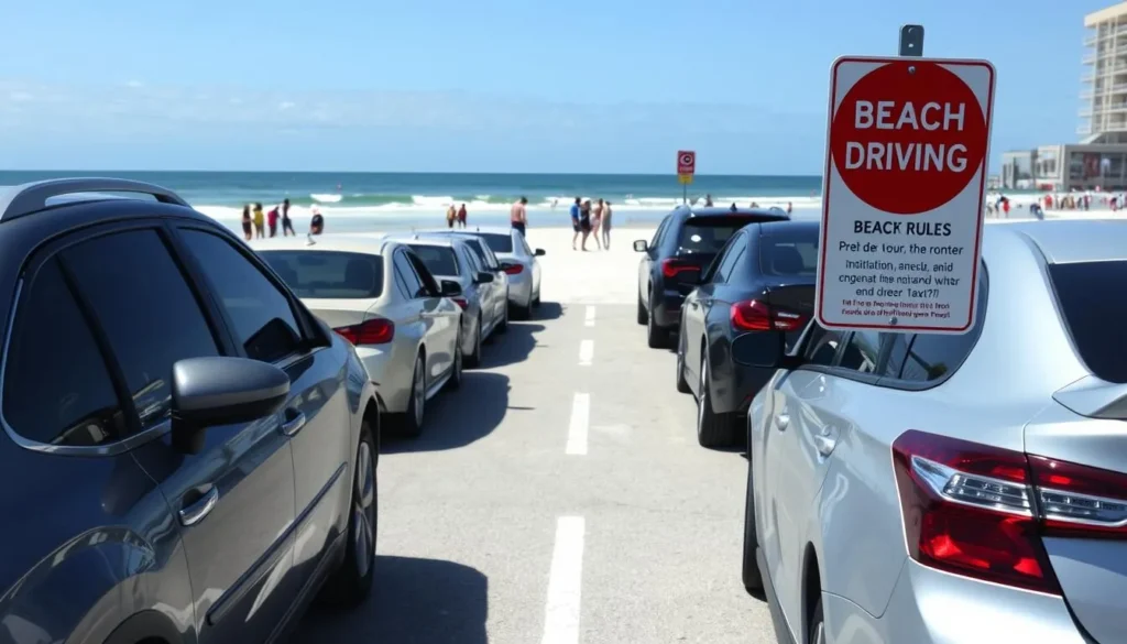 Cars parked on Daytona Beach with beach driving rules sign in Volusia County, Florida Cars parked on Daytona Beach with beach driving rules sign in Volusia County, Florida