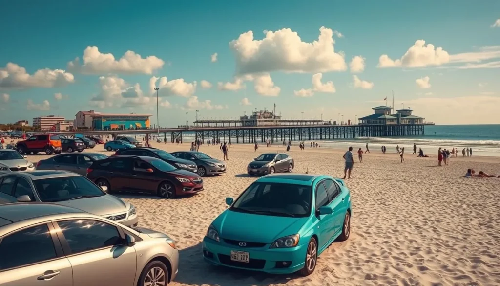 Cars parked on the famous drive-on Daytona Beach with the pier in the background in Volusia County, Florida Cars parked on the famous drive-on Daytona Beach with the pier in the background in Volusia County, Florida
