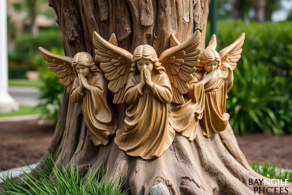Carved Angel Tree sculpture in Bay Saint Louis with detailed angel figures emerging from oak tree trunk Carved Angel Tree sculpture in Bay Saint Louis with detailed angel figures emerging from oak tree trunk
