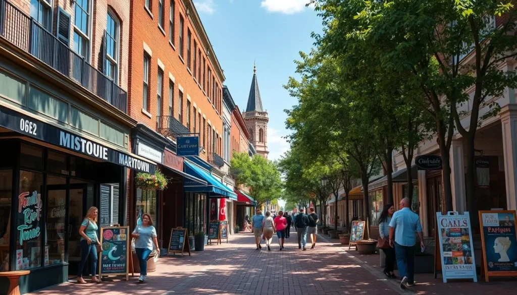 Carytown shopping district in Richmond with colorful storefronts and pedestrians Carytown shopping district in Richmond with colorful storefronts and pedestrians