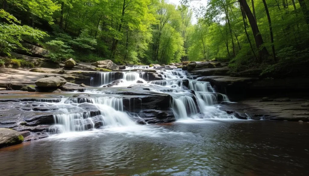 Cascade Mills Falls on the Keuka Outlet Trail in Yates County with flowing water and surrounding forest Cascade Mills Falls on the Keuka Outlet Trail in Yates County with flowing water and surrounding forest