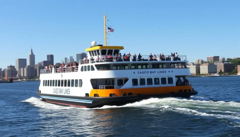 Casco Bay Lines ferry departing from Portland Harbor with passengers on a bright summer day Casco Bay Lines ferry departing from Portland Harbor with passengers on a bright summer day