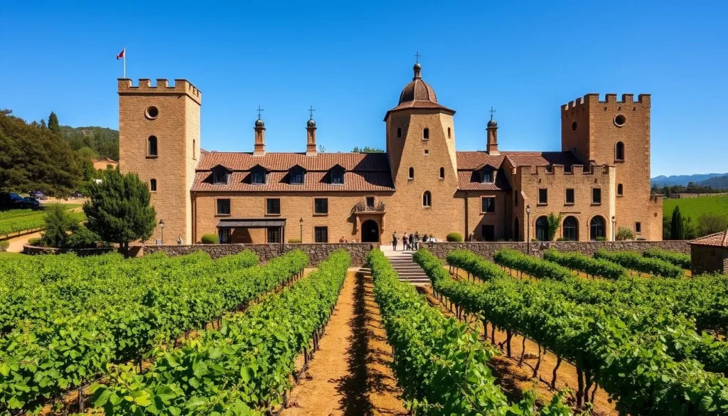 Castello di Amorosa winery castle in Napa Valley surrounded by vineyards Castello di Amorosa winery castle in Napa Valley surrounded by vineyards