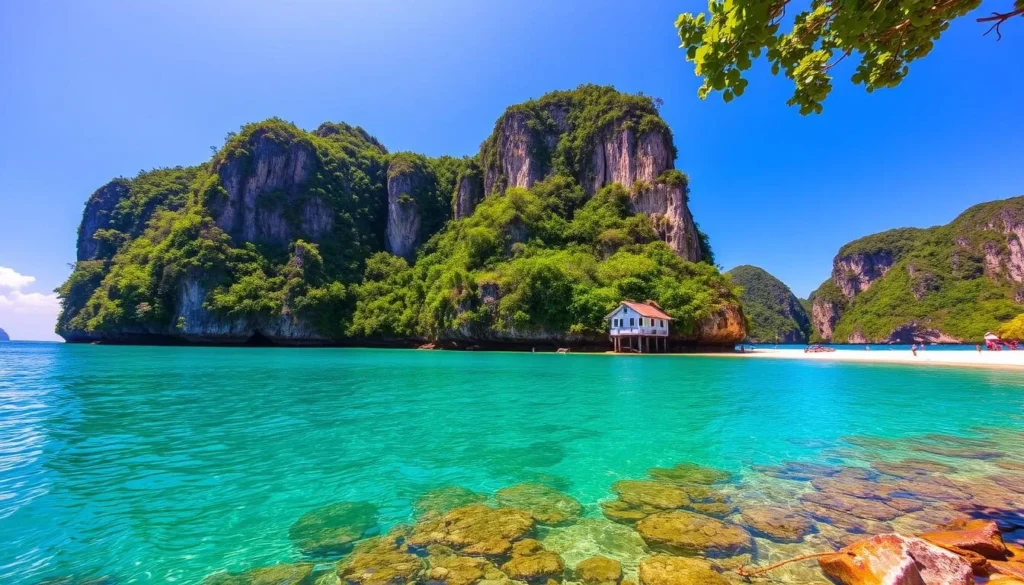 Cat Ba Island beach with clear turquoise water and lush green surroundings