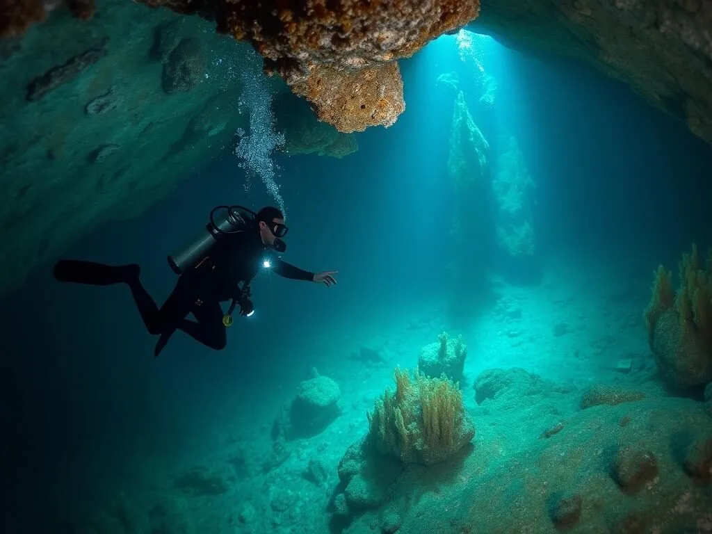 Cave diver exploring the underwater passages at Peacock Springs in Suwannee County, Florida Cave diver exploring the underwater passages at Peacock Springs in Suwannee County, Florida