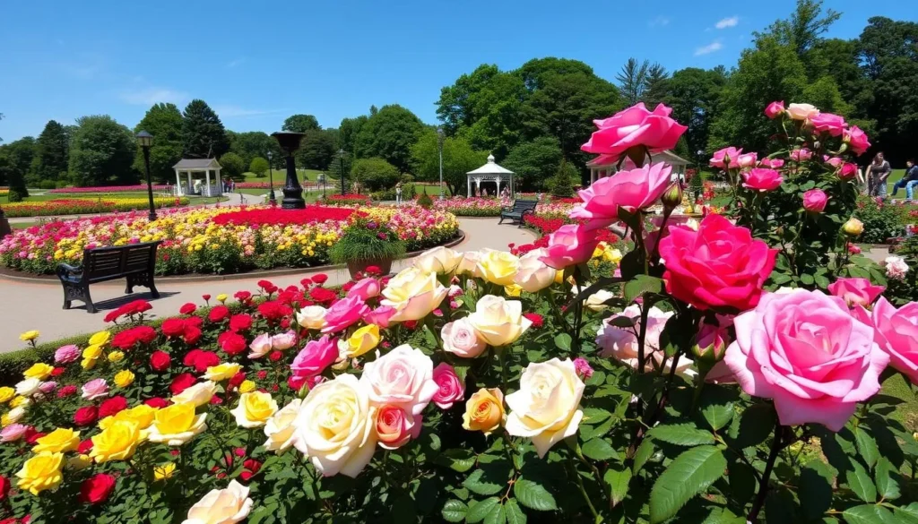Central Park Rose Garden in Schenectady with thousands of blooming roses and walkways Central Park Rose Garden in Schenectady with thousands of blooming roses and walkways