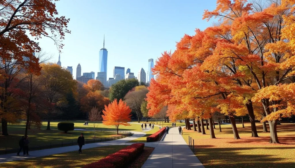 Central Park in autumn with colorful fall foliage, people walking on paths, and Manhattan skyline in the background - one of the best things to do in New York City Central Park in autumn with colorful fall foliage, people walking on paths, and Manhattan skyline in the background - one of the best things to do in New York City