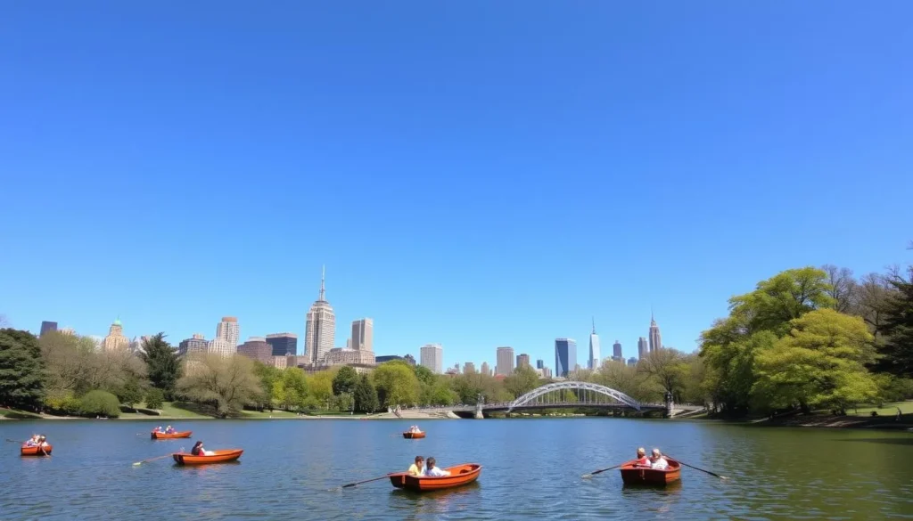 Central Park view with the lake, Bow Bridge, and Manhattan skyline in the background Central Park view with the lake, Bow Bridge, and Manhattan skyline in the background