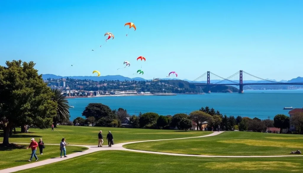 Cesar Chavez Park in Berkeley with kites flying and the Golden Gate Bridge visible in the distance Cesar Chavez Park in Berkeley with kites flying and the Golden Gate Bridge visible in the distance