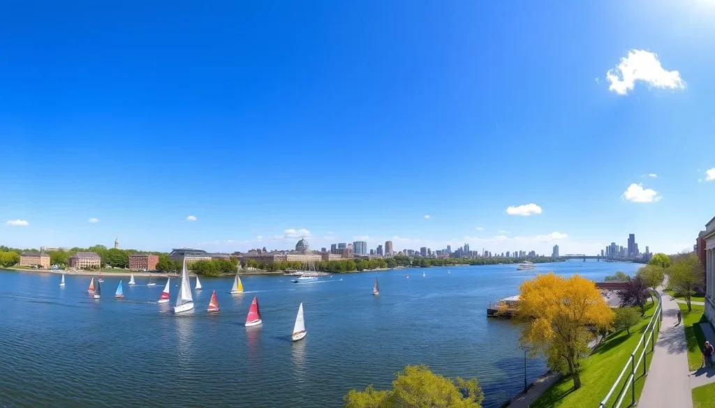 Charles River with sailboats and the Boston skyline view from Cambridge, Massachusetts Charles River with sailboats and the Boston skyline view from Cambridge, Massachusetts