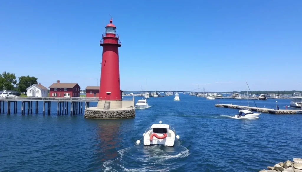 Charlevoix lighthouse and marina entrance with boats passing through the channel between Lake Michigan and Round Lake Charlevoix lighthouse and marina entrance with boats passing through the channel between Lake Michigan and Round Lake