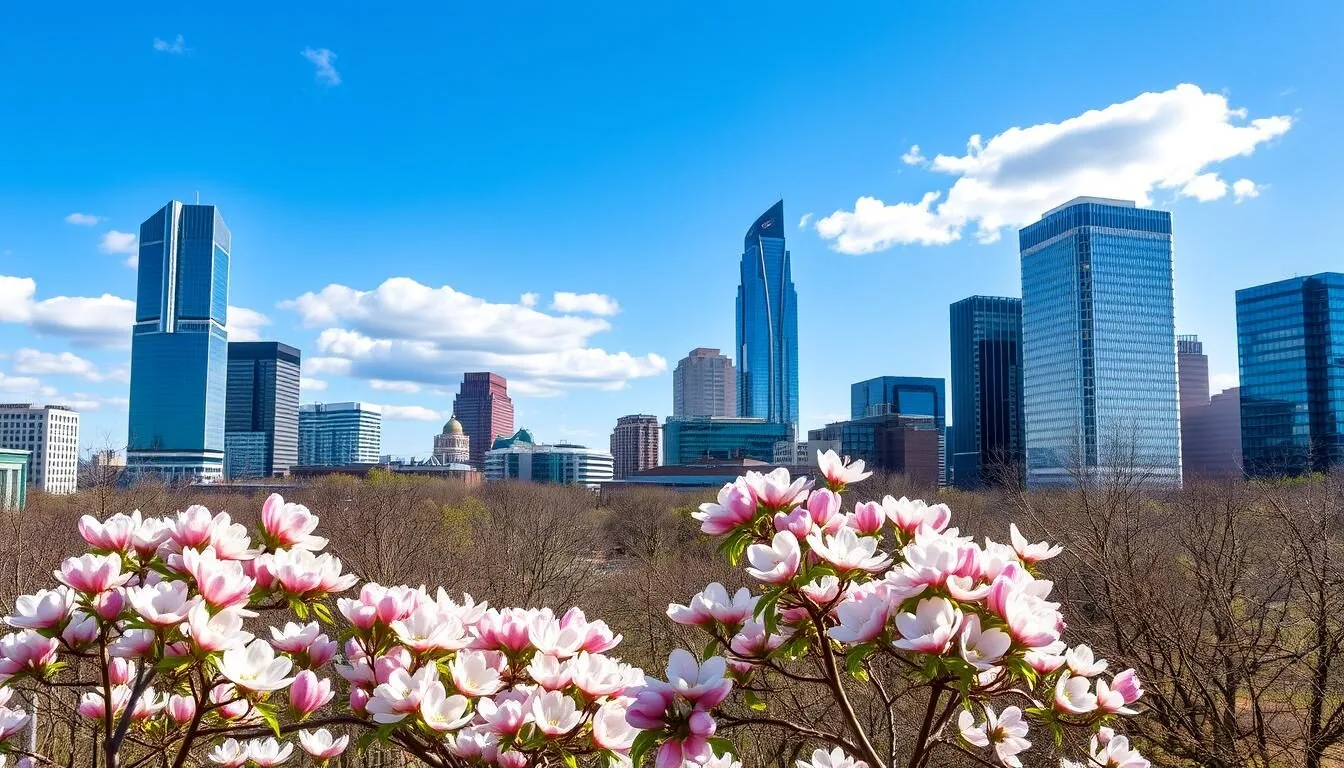 Charlotte skyline with blooming trees in spring, one of the best times to explore Charlotte North Carolina things to do