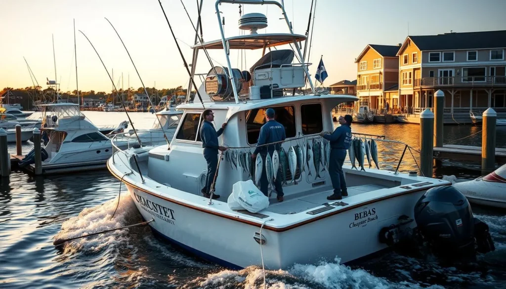Charter fishing boat returning to Chesapeake Beach marina with catch Charter fishing boat returning to Chesapeake Beach marina with catch