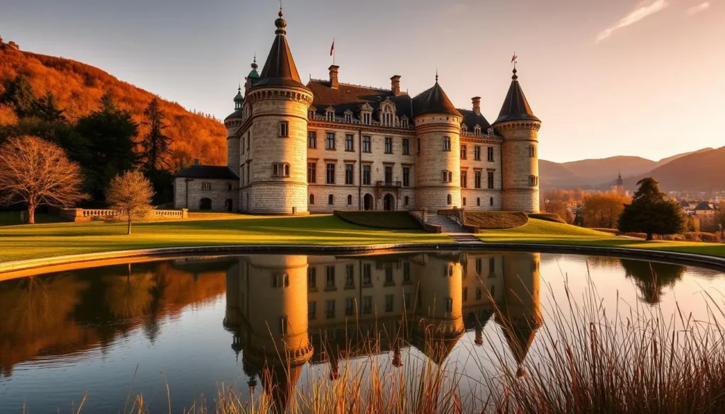 Château de Delémont, a magnificent 16th-century castle nestled amidst the rolling hills of Jura, Switzerland. Capture its elegant, stone façade bathed in warm, golden sunlight, the ornate towers and turrets casting long shadows across the manicured grounds. In the foreground, a tranquil pond reflects the castle's regal splendor, while in the distance, the picturesque town of Delémont provides a charming backdrop. Utilize a wide-angle lens to convey the grandeur of the castle and its idyllic setting, creating a serene, postcard-worthy scene that invites the viewer to explore this historic and picturesque gem.