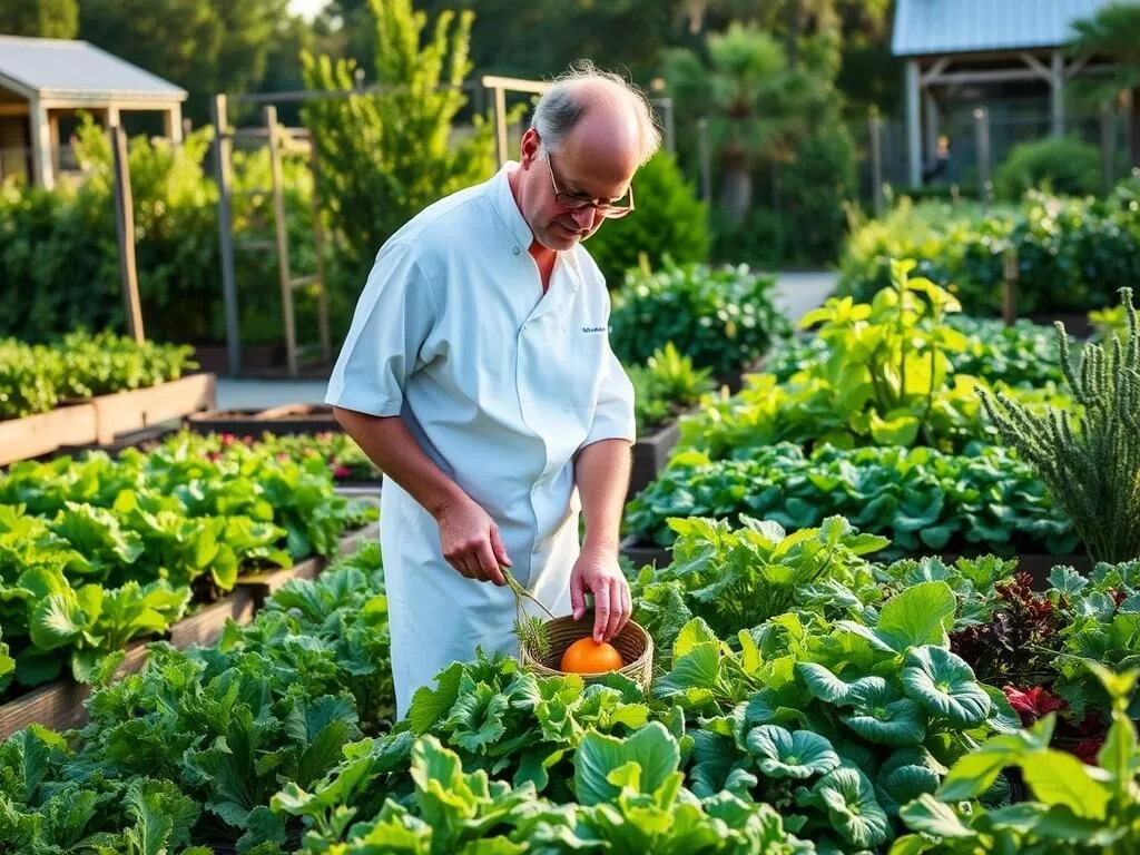 Chef harvesting fresh vegetables from the organic garden on Little St. Simons Island Chef harvesting fresh vegetables from the organic garden on Little St. Simons Island