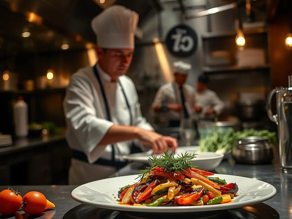 Chef preparing farm-to-table dish with fresh local ingredients in Sacramento restaurant Chef preparing farm-to-table dish with fresh local ingredients in Sacramento restaurant