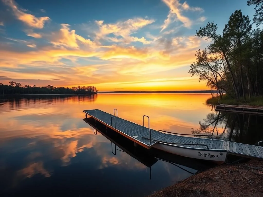Cherry Lake in Madison County with boat dock and calm waters at sunset Cherry Lake in Madison County with boat dock and calm waters at sunset