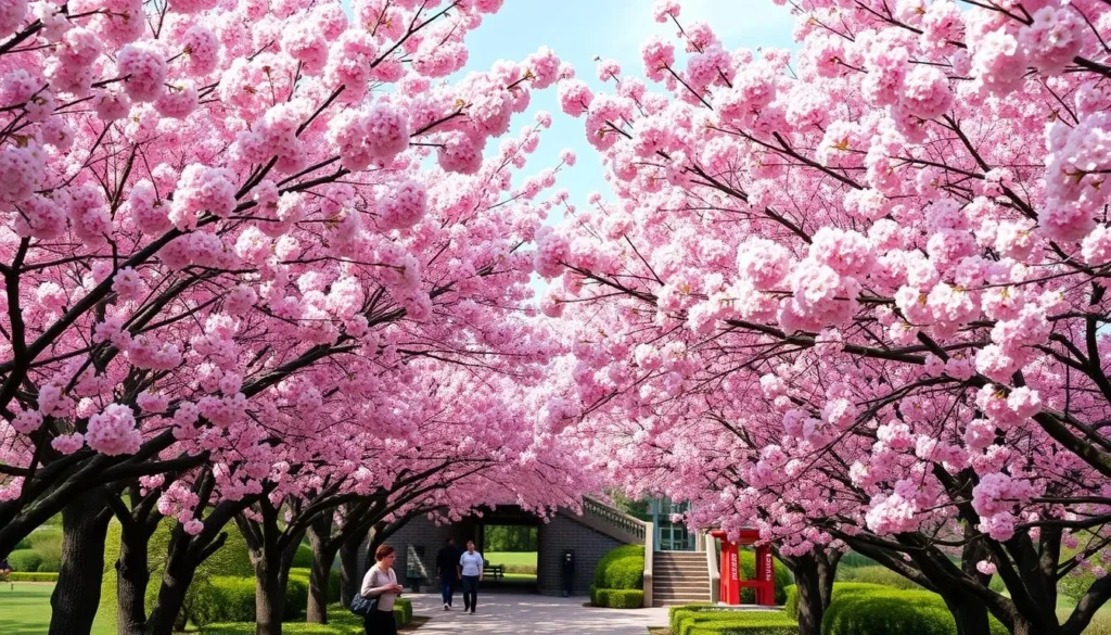 Cherry blossoms in full bloom at Brooklyn Botanic Garden with visitors enjoying the pink canopy Cherry blossoms in full bloom at Brooklyn Botanic Garden with visitors enjoying the pink canopy