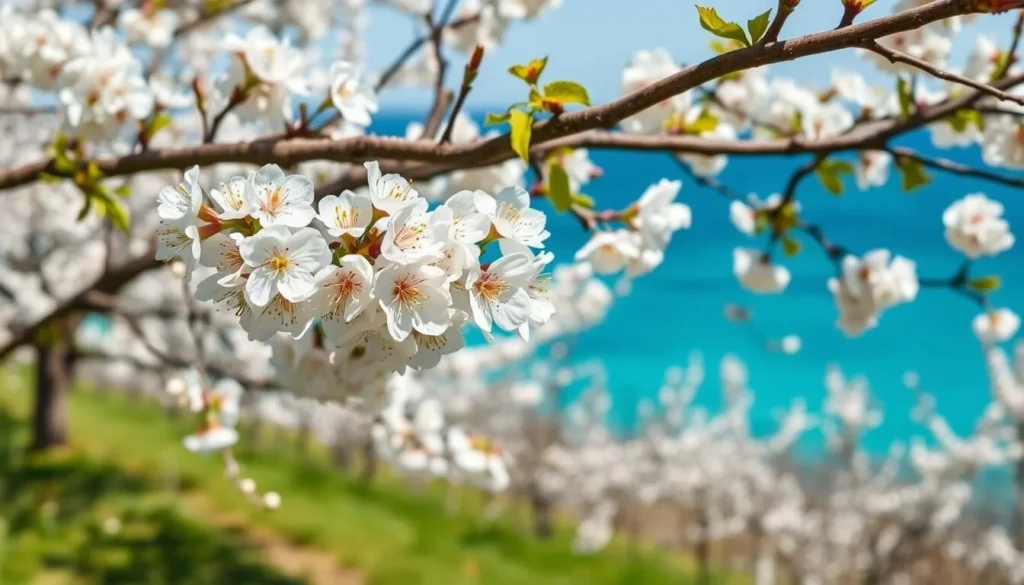 Cherry blossoms in full bloom on Old Mission Peninsula in Traverse City Michigan with Grand Traverse Bay in the background Cherry blossoms in full bloom on Old Mission Peninsula in Traverse City Michigan with Grand Traverse Bay in the background