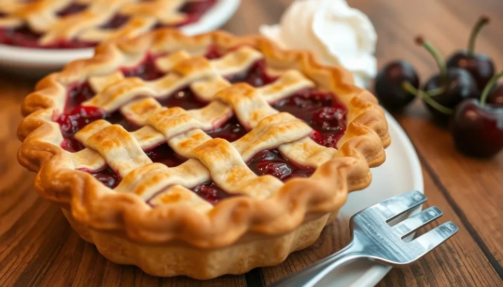 Cherry pie with lattice crust and fresh cherries from a Traverse City Michigan bakery Cherry pie with lattice crust and fresh cherries from a Traverse City Michigan bakery