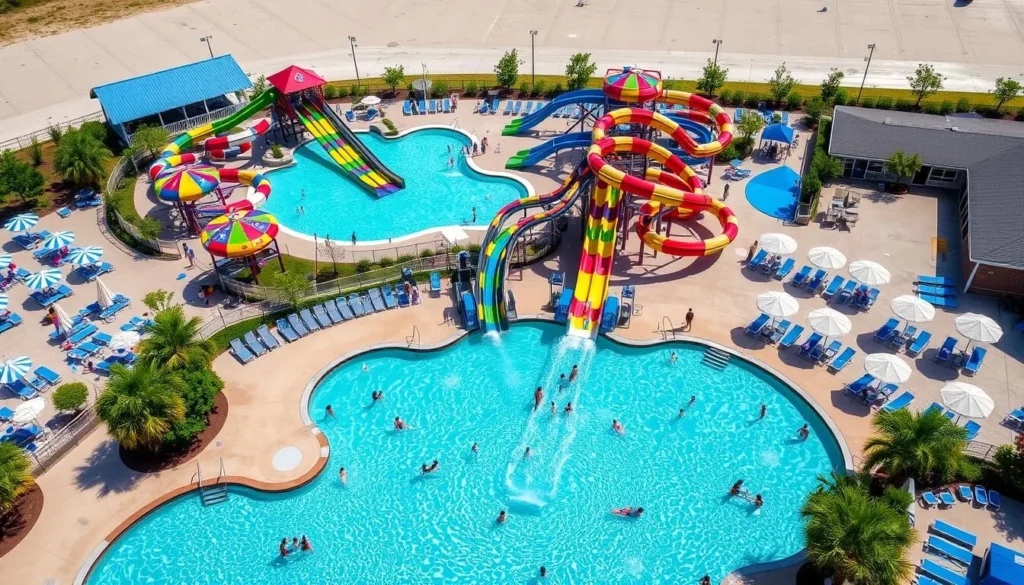 Chesapeake Beach Water Park with colorful water slides and pool area Chesapeake Beach Water Park with colorful water slides and pool area