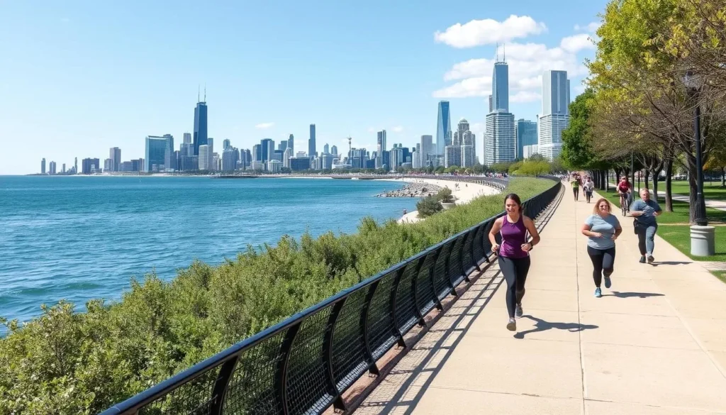 Chicago Lakefront Trail with cyclists and joggers enjoying Lake Michigan views and the city skyline Chicago Lakefront Trail with cyclists and joggers enjoying Lake Michigan views and the city skyline
