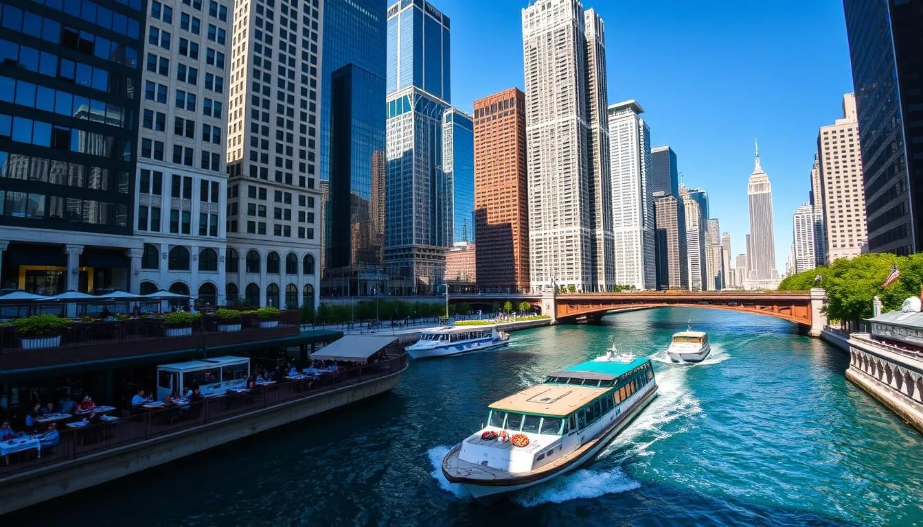 Chicago Riverwalk with boats cruising along the Chicago River surrounded by skyscrapers on a sunny day