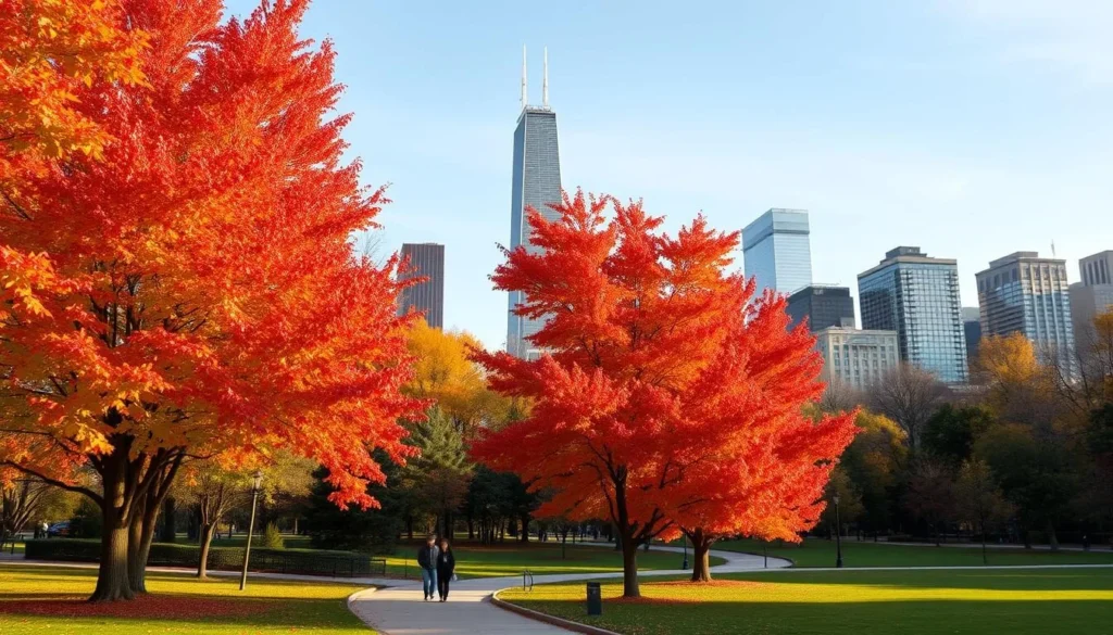 Chicago in autumn with colorful fall foliage in Lincoln Park and the skyline in the background Chicago in autumn with colorful fall foliage in Lincoln Park and the skyline in the background