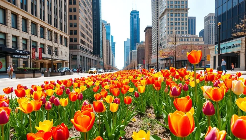 Chicago in spring with blooming tulips along Michigan Avenue and the green Chicago River for St. Patrick's Day Chicago in spring with blooming tulips along Michigan Avenue and the green Chicago River for St. Patrick's Day