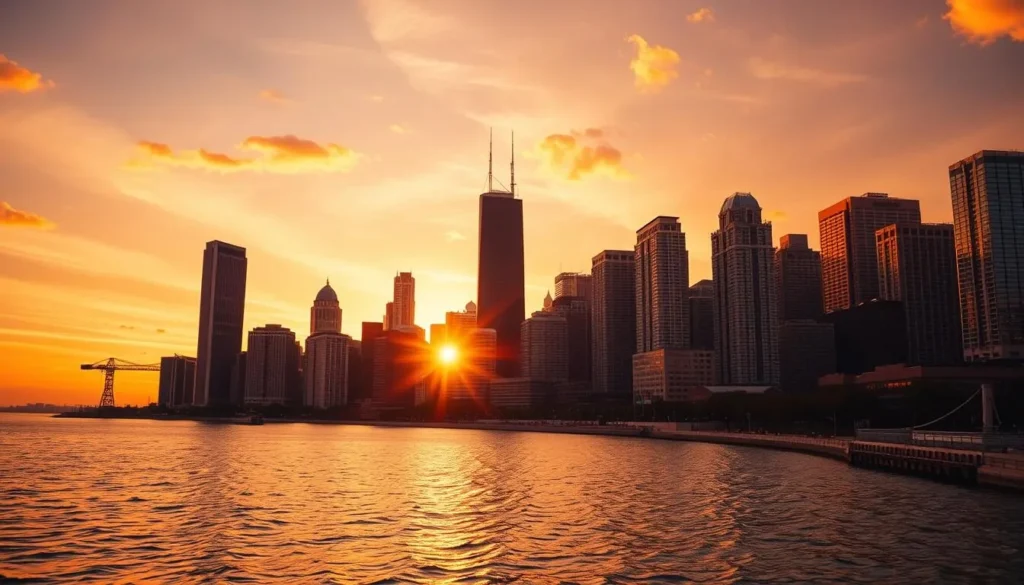 Chicago skyline at sunset with golden light reflecting off buildings and Lake Michigan Chicago skyline at sunset with golden light reflecting off buildings and Lake Michigan