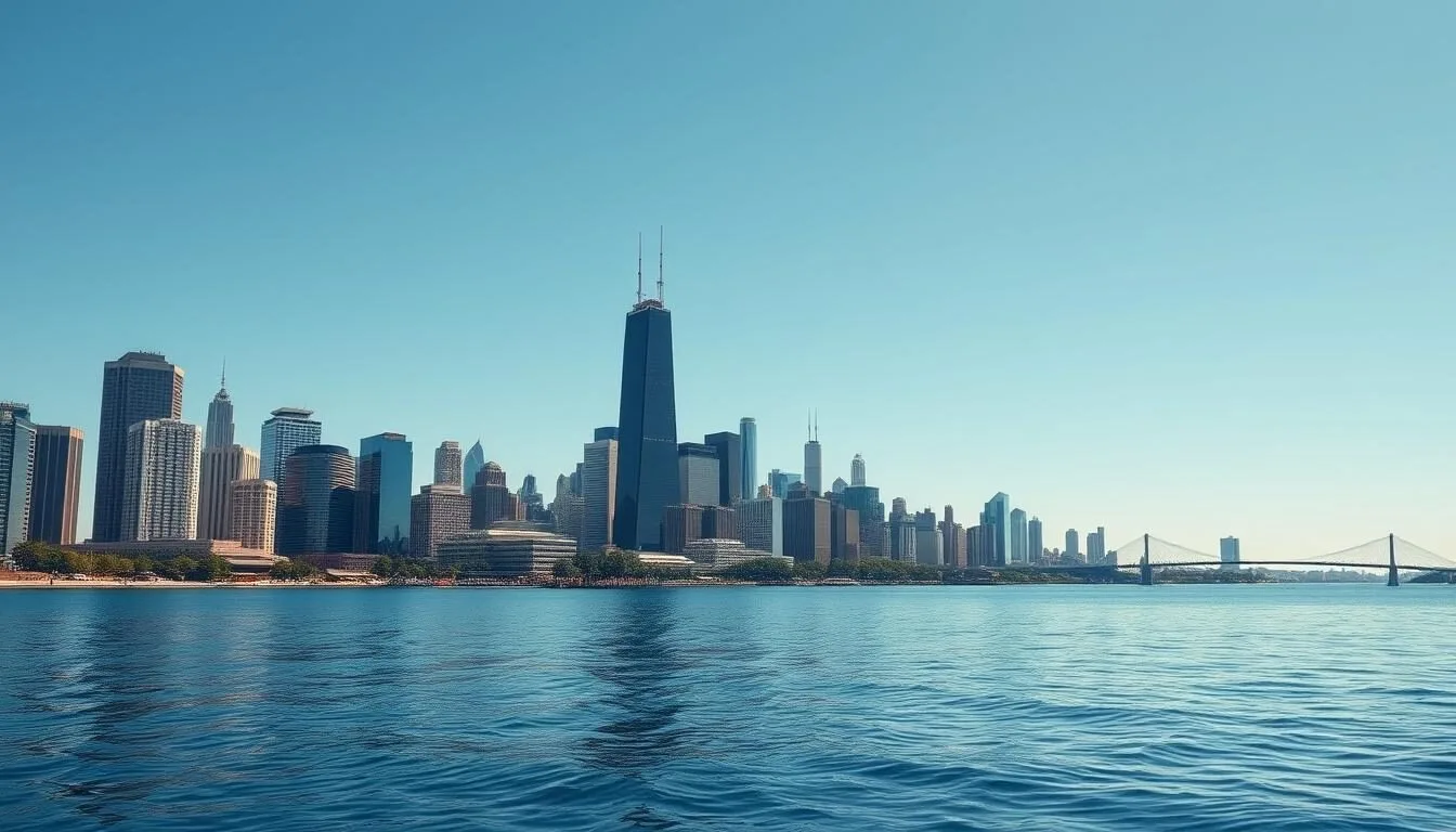 Chicago skyline view across Lake Michigan showcasing the city's dramatic architecture during summer with clear blue skies