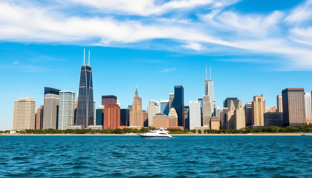 Chicago skyline view from Lake Michigan showing the city's iconic skyscrapers on a beautiful sunny day Chicago skyline view from Lake Michigan showing the city's iconic skyscrapers on a beautiful sunny day
