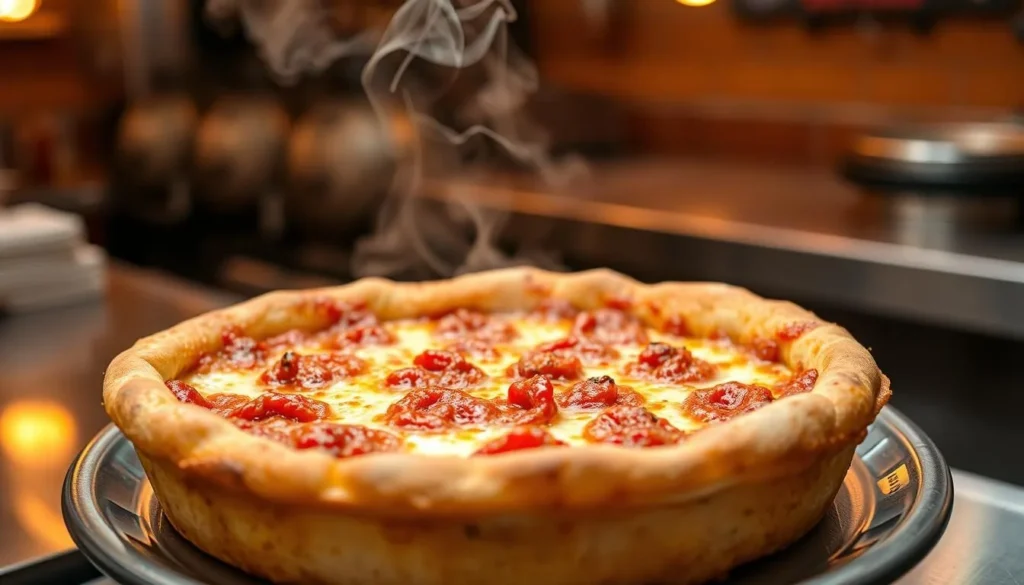 Chicago-style deep dish pizza with thick crust, chunky tomato sauce, and melted cheese being served at a restaurant Chicago-style deep dish pizza with thick crust, chunky tomato sauce, and melted cheese being served at a restaurant