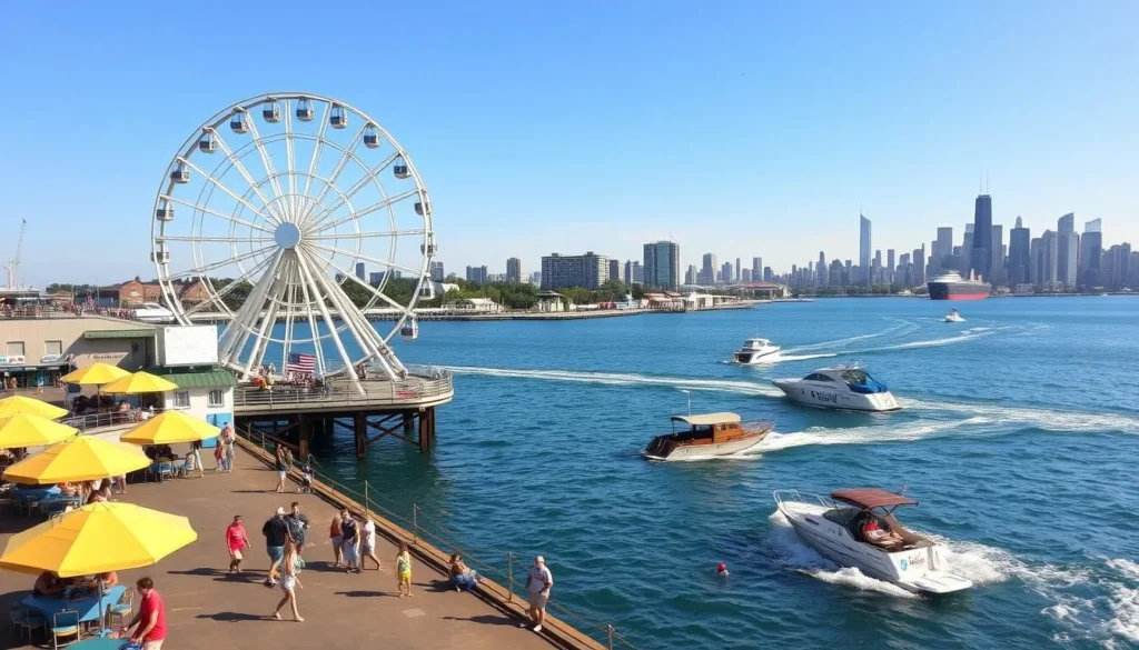 Chicago summer scene at Navy Pier with the Ferris wheel and people enjoying outdoor activities Chicago summer scene at Navy Pier with the Ferris wheel and people enjoying outdoor activities