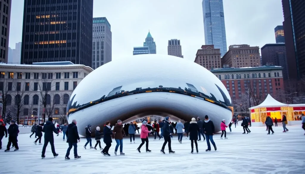 Chicago winter scene with snow-covered Millennium Park ice skating rink and the Bean sculpture Chicago winter scene with snow-covered Millennium Park ice skating rink and the Bean sculpture