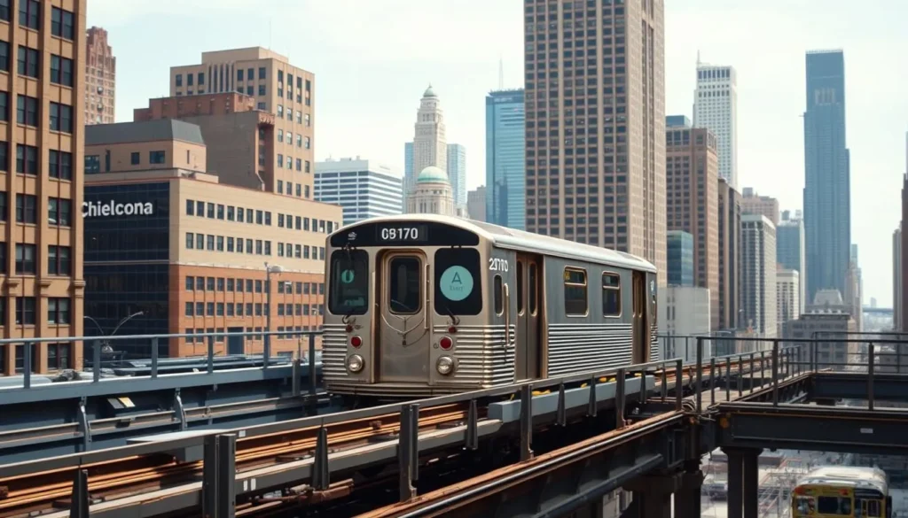 Chicago's iconic elevated 'L' train passing through downtown with the city skyline in the background Chicago's iconic elevated 'L' train passing through downtown with the city skyline in the background