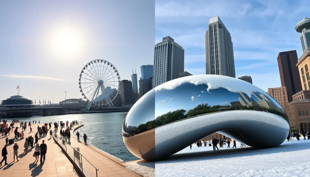 Chicago's seasonal weather contrast showing summer at Navy Pier and winter at Millennium Park Chicago's seasonal weather contrast showing summer at Navy Pier and winter at Millennium Park