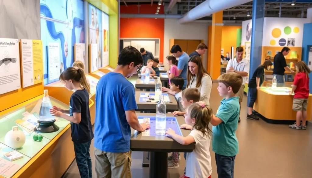 Children engaging with interactive science exhibits at the Discovery Center at Murfree Spring Children engaging with interactive science exhibits at the Discovery Center at Murfree Spring