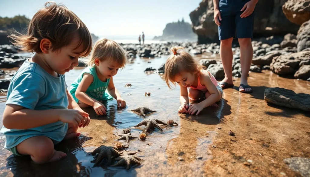 Children exploring tide pools at Trinidad State Beach, discovering starfish and sea anemones Children exploring tide pools at Trinidad State Beach, discovering starfish and sea anemones