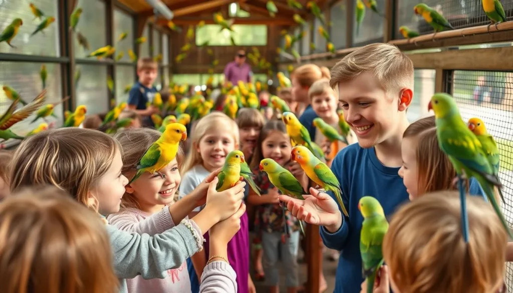 Children feeding colorful parakeets at The Wild Animal Park in Madison County, New York