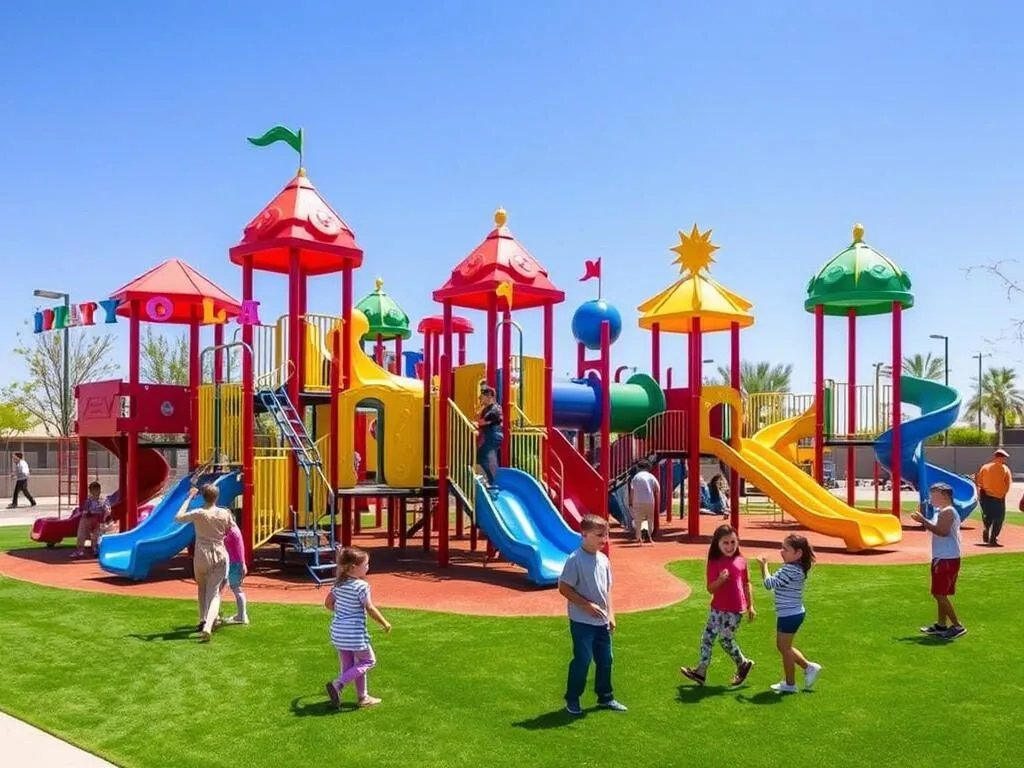Children playing at Playtopia playground in Tumbleweed Park Children playing at Playtopia playground in Tumbleweed Park