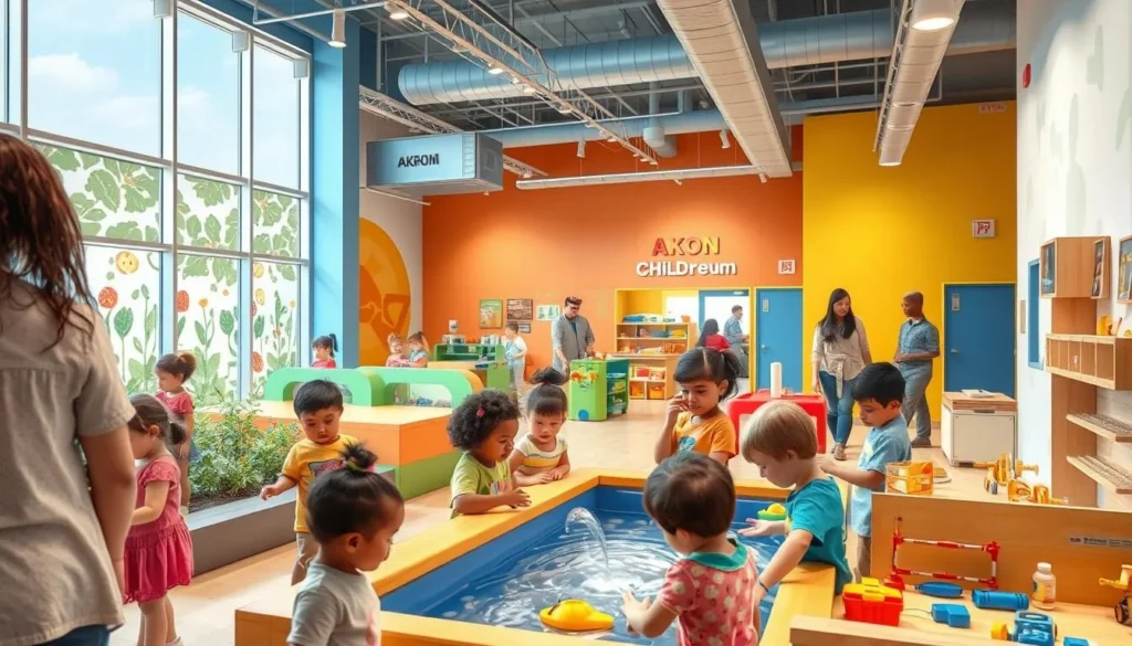 Children playing at interactive exhibits in the Akron Children's Museum Children playing at interactive exhibits in the Akron Children's Museum