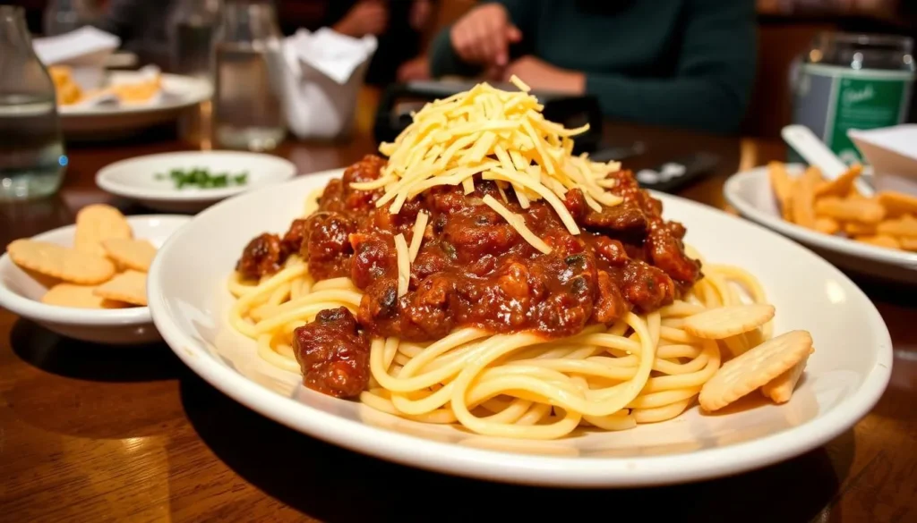 Cincinnati Ohio chili served over spaghetti with cheese in a traditional restaurant Cincinnati Ohio chili served over spaghetti with cheese in a traditional restaurant