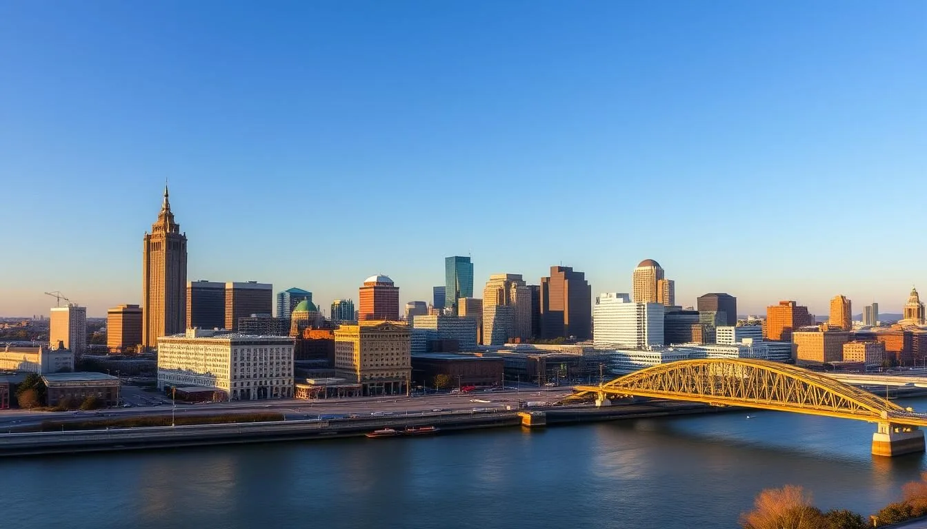 Cincinnati Ohio skyline with historic architecture and the Ohio River