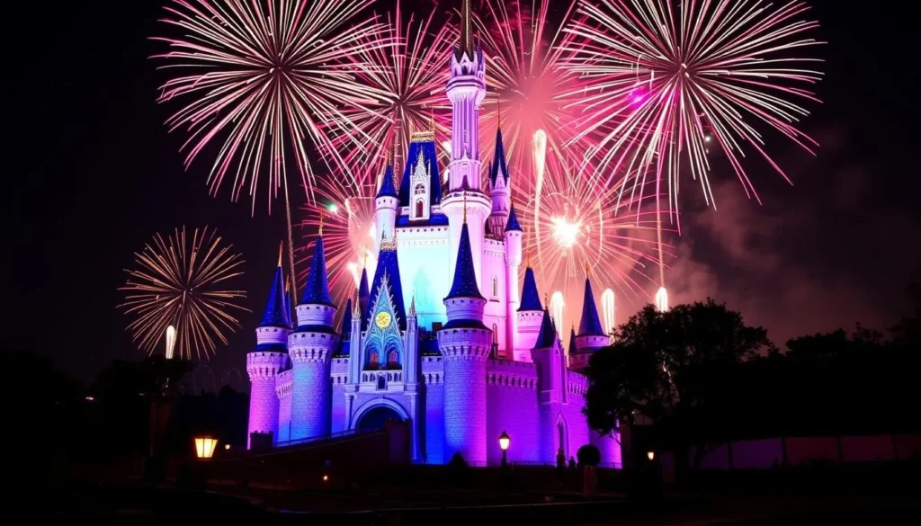 Cinderella Castle at Magic Kingdom with colorful fireworks display Cinderella Castle at Magic Kingdom with colorful fireworks display