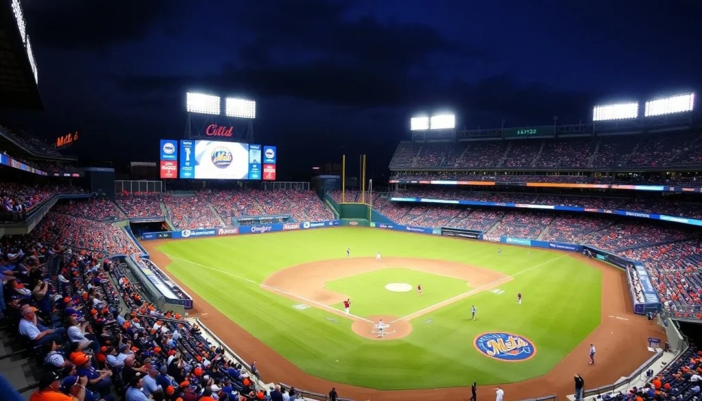 Citi Field stadium during a New York Mets baseball game with excited fans Citi Field stadium during a New York Mets baseball game with excited fans