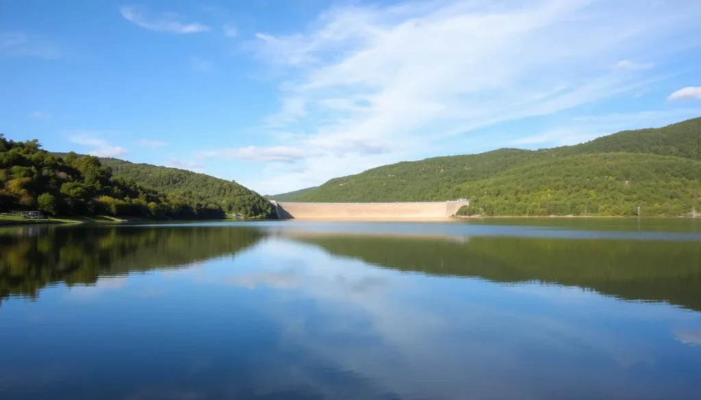 Clarence Cannon Dam image with a serene lake and surrounding landscape